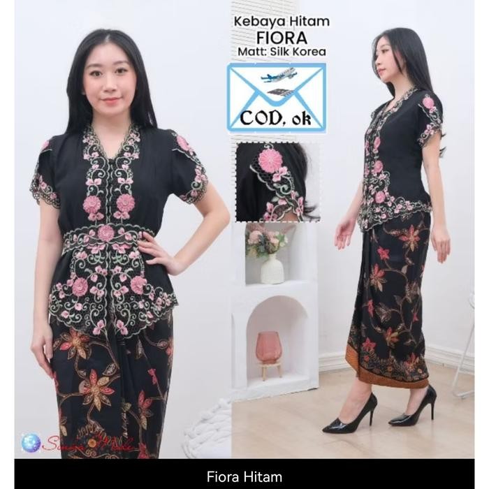 SETELAN KEBAYA ENCIM MODERN TIARA TULIP BORDIR EMAS+ROK M-XXL - SET FIORA HITAM, L