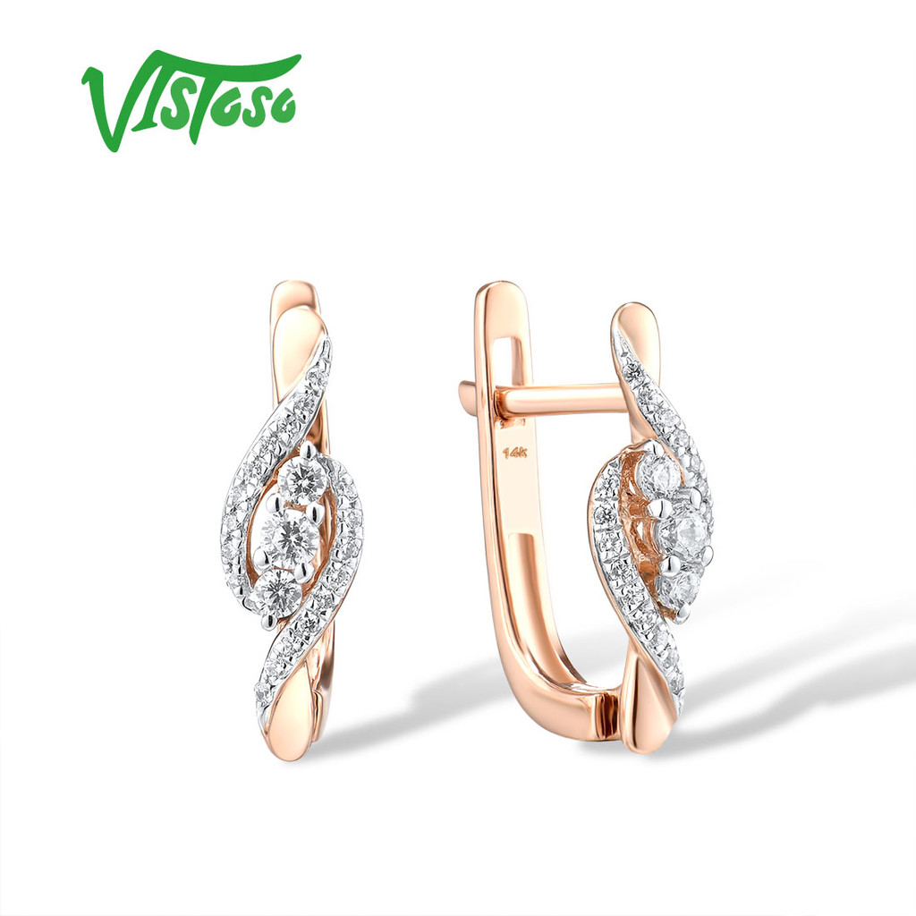VISTOSO Authentic 14K 585 Rose Gold Latch Back Earrings For Women Sparkling Diamond Wedding Annivers