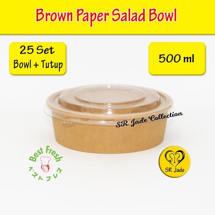 [25 SET] Brown Paper Salad Bowl 500ml 750 ml 1000ml Mangkok Kertas Lunch Box Salad Rice Bowl - 500 m