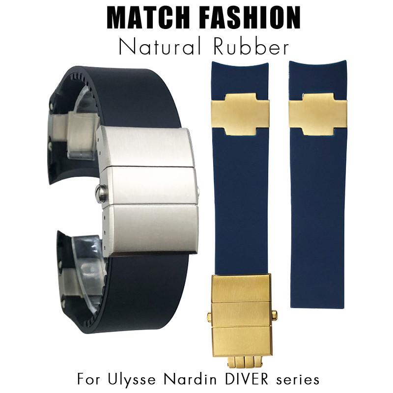 Natural Rubber Watchband 22mm Fit for Ulysse Nardin Diver Black Blue Silicone Watch Strap Silver Ros