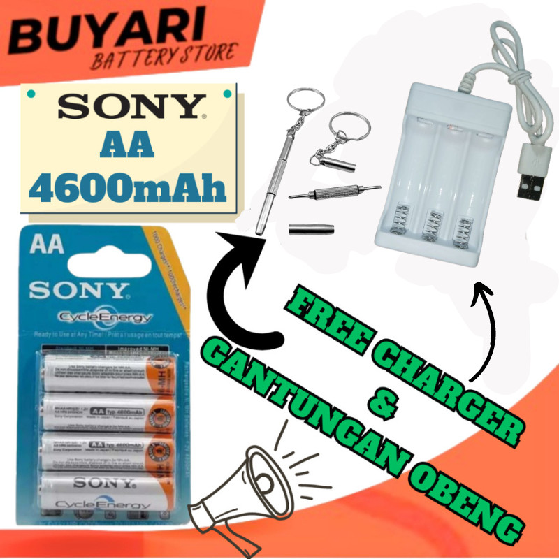 FREE ALAT CASAN Baterai AA Sony 4600mAh Isi 4 Cas Rechargeable Recharge dan Charger Charge Isi Ulang