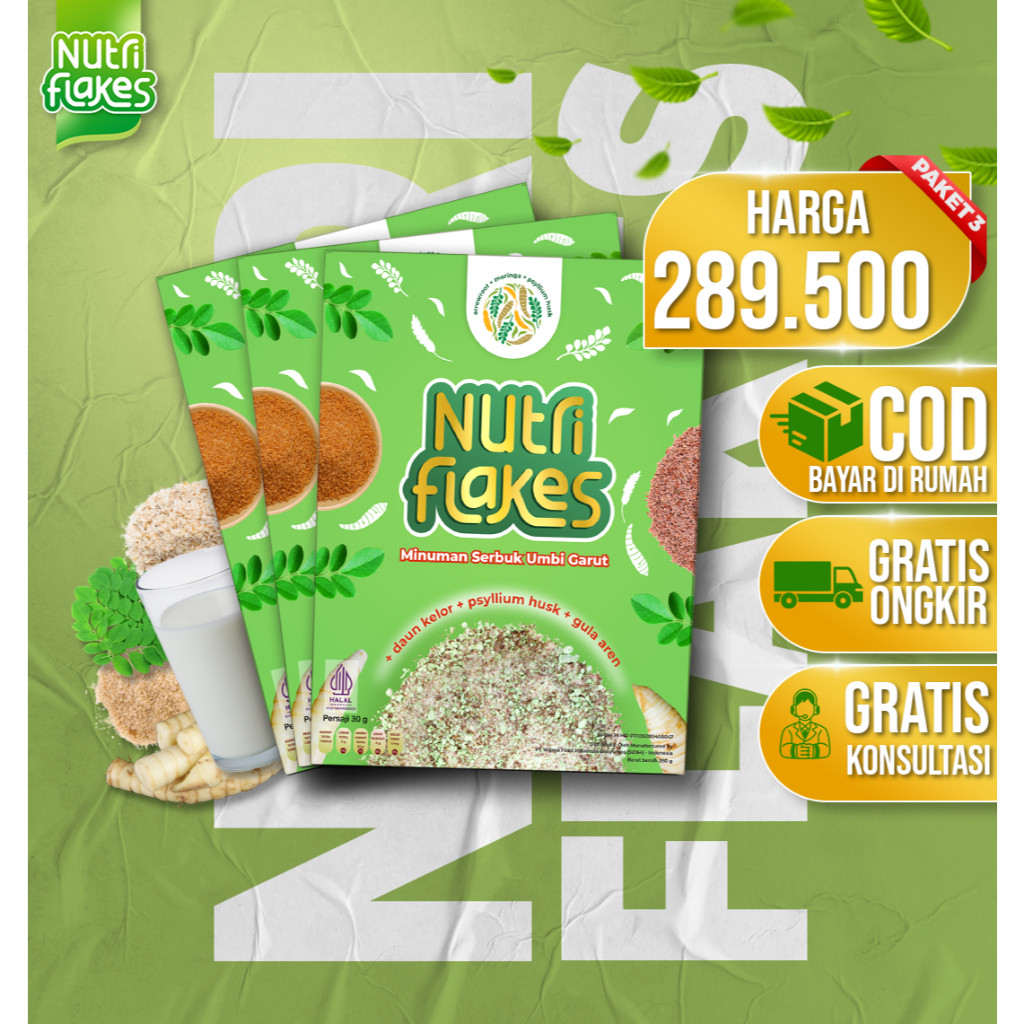 

NUTRIFLAKES Sereal Umbi Garut & Psyilium Husk Daun Kelor Ampuh Atasi Maag & Gerd Tanpa Efek Samping!