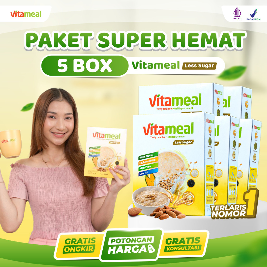 

Vitameal Less Sugar - Paket 5 Box Promo Terbatas Lebih Rendah Gula Membantu Mengontrol Gula Darah dan Diabetes Aman Di Konsumsi BPOM Resmi