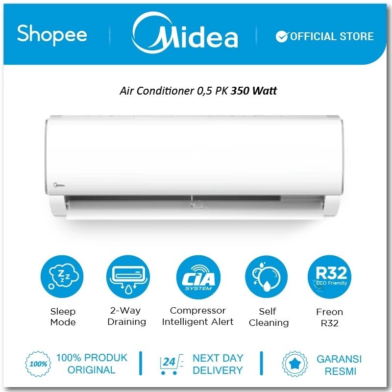 Midea AC Split 1/2 PK Low Watt 350W + Pasang Low Voltage Anti Karat Grapfins Lampung MSFC 05CRN2X CO