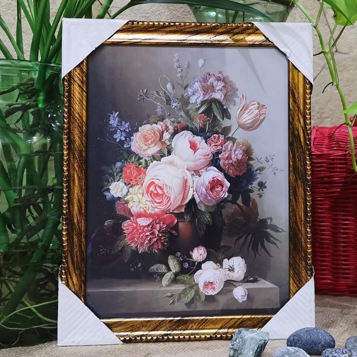 Lukisan Gambar BUNGA PEONY ATAS MEJA PEONY ON TABLE Kaca SiapGantung M - Abu - CORAK