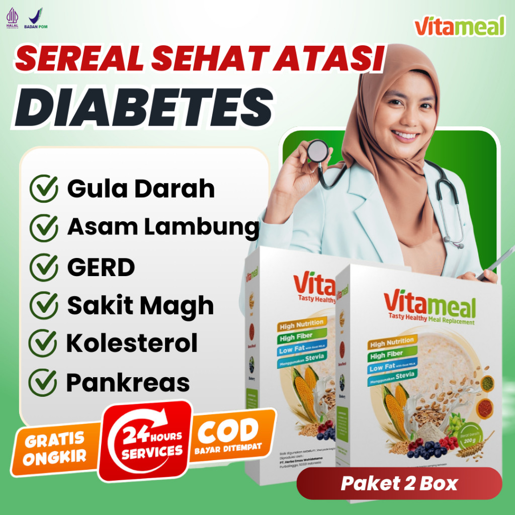

VITAMEAL 2 BOX Sereal Sehat Turun Gula Darah Tinggi Kolestrol Asam Lambung Insulin Pankreas Kebas Kesemutan GERD VITAMIL HERBAL