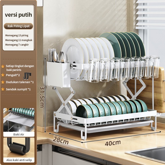 Lipat Rak Piring 2 Susun Rak Dish Drainer Rak Mangkuk Piring Anti Karat Rak Penyimpanan Dapu - 2 Tin