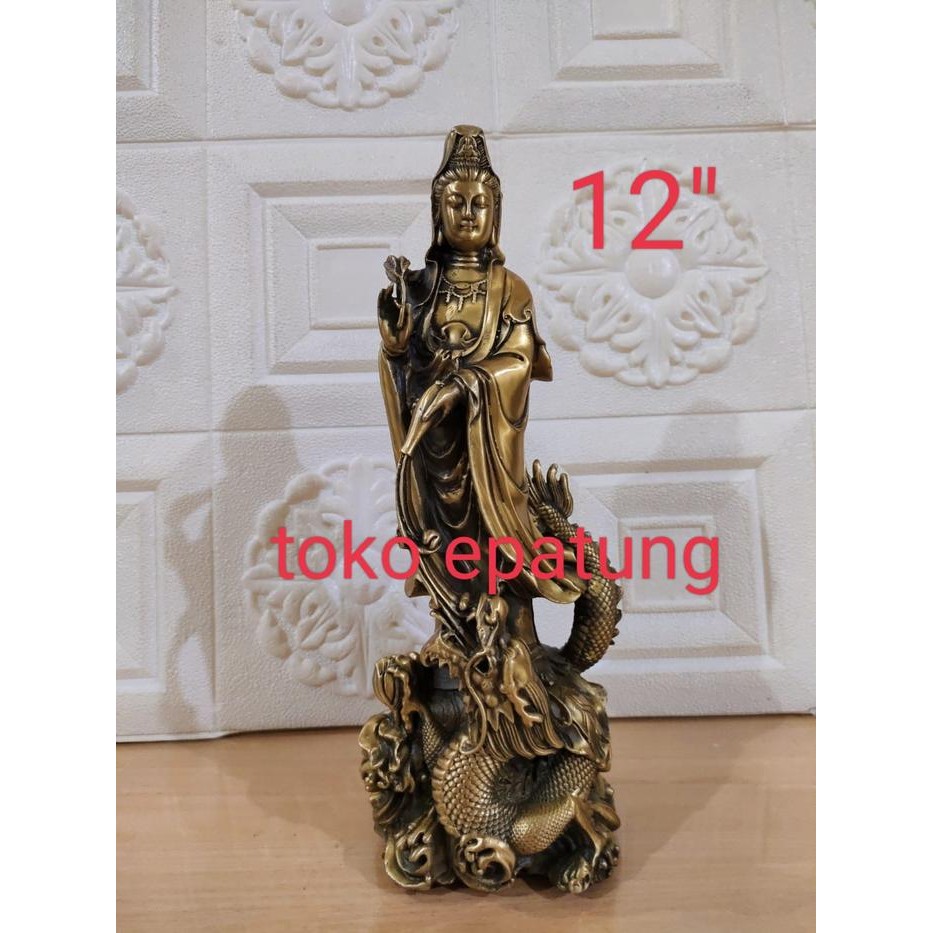 patung dewi kwan in / kwam im / guan yin - naga - kuningan - 12 inch