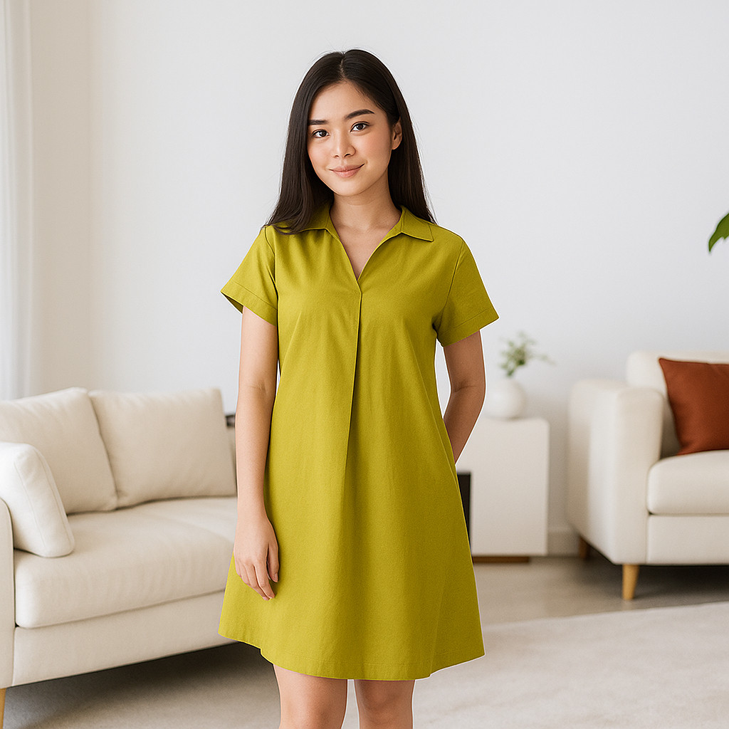 Fashion Female - Dress Wanita Casual A-Line Mini Dress Kerah V-Neck lipat Lengan Pendek #4106