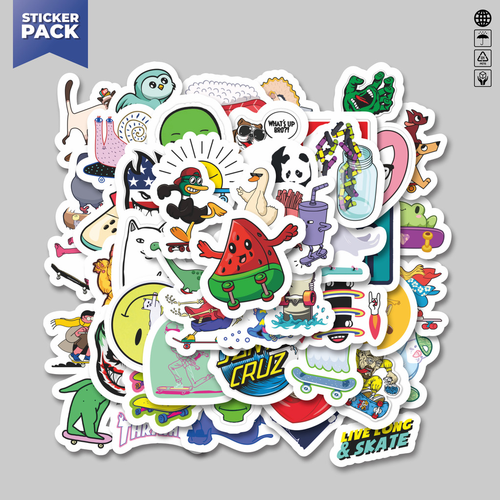 

[100PCS]Stiker Pack Stiker Skateboard Aesthetic Vinyl Anti Air Dekorasi Sticker Laptop Buku Journal Koper Helm Casing HP Gitar Helm Skateboard