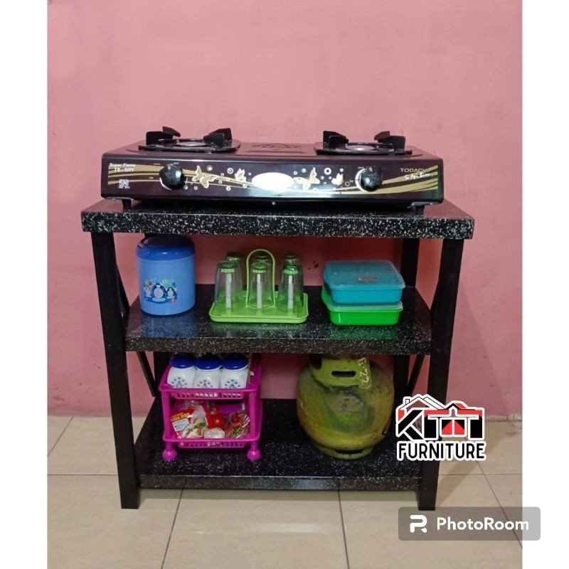 KOWASHOP Meja Kompor Gas 2 Tungku Kayu Hitam Granit