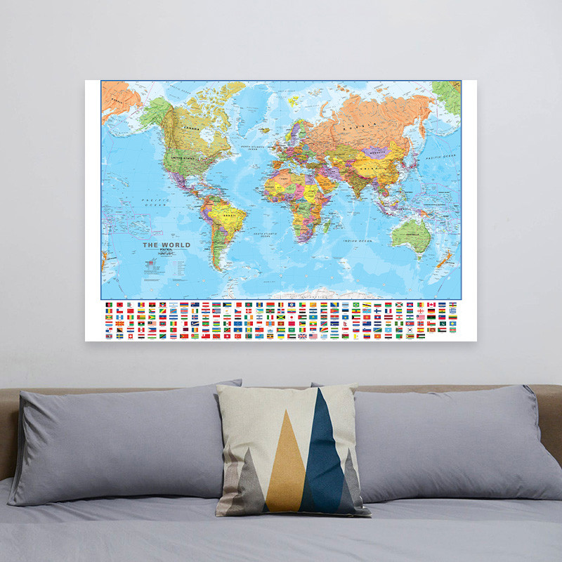 

225*150cm The World Map Large Poster Non-woven Canvas Painting School Home Supplies Decorative Hanging Picture In Englishh
