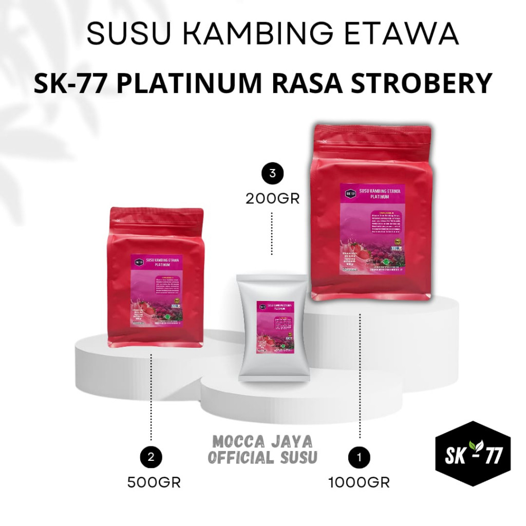 

SK-77 PLATINUM-SUSU KAMBING ETAWA BUBUK RASA STROBERI KEMASAN 200GR\500GR\1000GR UNTUK KESEHATAN TULANG DAN SALURAN PERNAFASAN