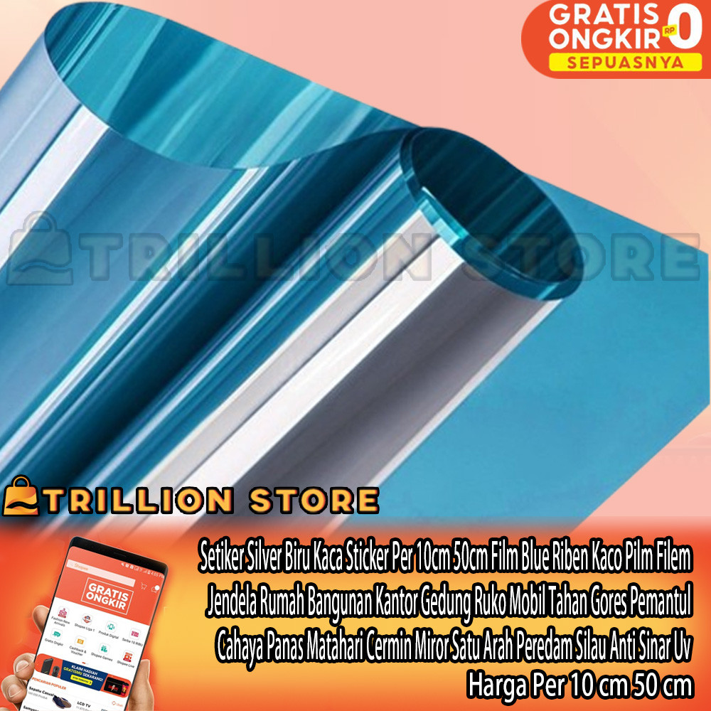 Setiker Silver Biru Kaca Sticker Per 10cm 50cm Film Blue Riben Kaco Pilm Filem Jendela Rumah Banguna