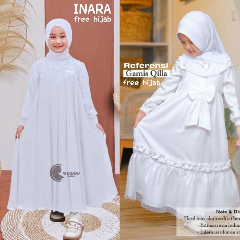 Baju Kekinian Murah Wanita Muslimah / Gamis Anak Putih Set Hijab Inara Set 1-13 Tahun (Bisa Couple) 