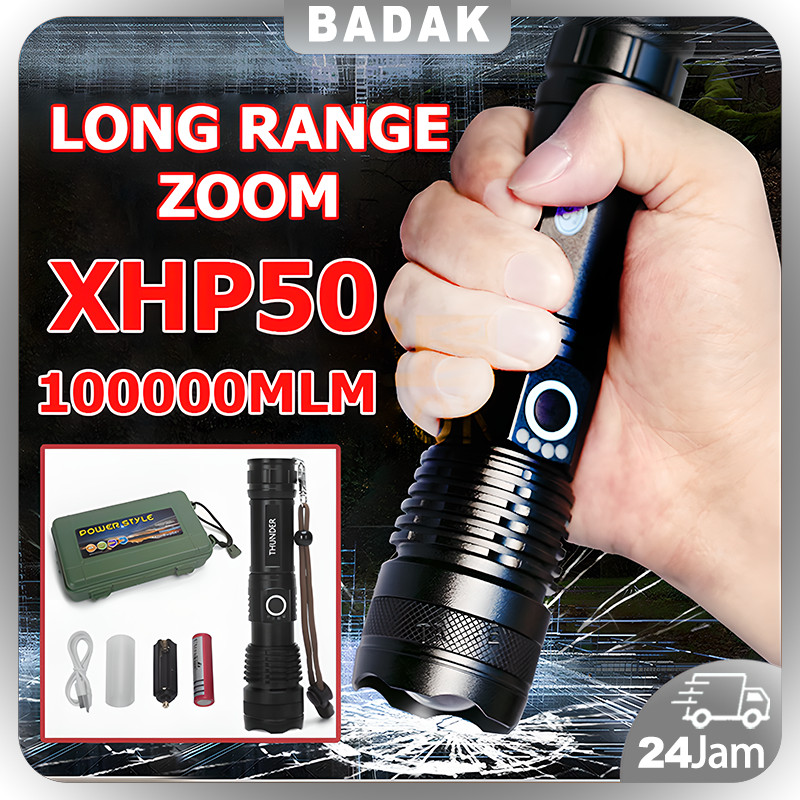 Senter LED Super Terang XHP50 Lampu SWAT Jarak Jauh Waterproof 10000 Lumens