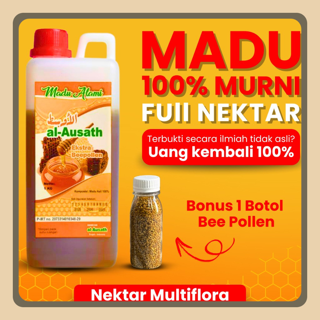

1KG MADU ASLI PREMIUM AL-AUSATH FULL NEKTAR - Madu Murni Asli 100% Original Tanpa Campuran + Bonus Gratis 1 Botol Bee Pollen