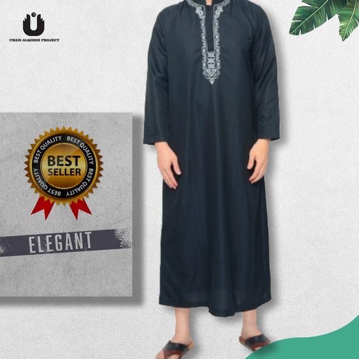 Jubah Gamis Muslim Pria Dewasa Bordir Hitam Panjang