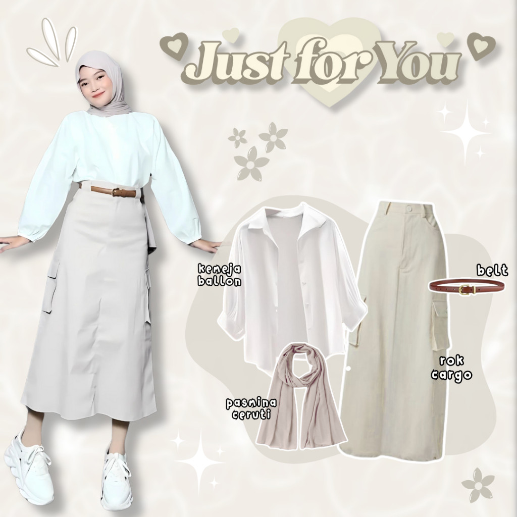 OLIPOPISHOP  Oneset Korean Style (Hijab Ceruti, Kemeja, Rok Cargo) OOTD Cewek Kece Set Berhijab - LO