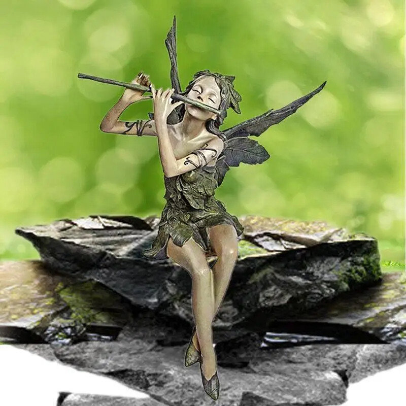 

Flute Fairy Sitting Statue Outdoor Garden Yard Lovely Fairy Resin Sculpture Crafts Ornaments Gifts Home Desktop Decoration