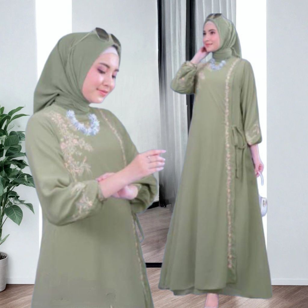 Ganis Dress Wanita Muslimah Gamis Bordir Bahan Crinkle Airflow Premium