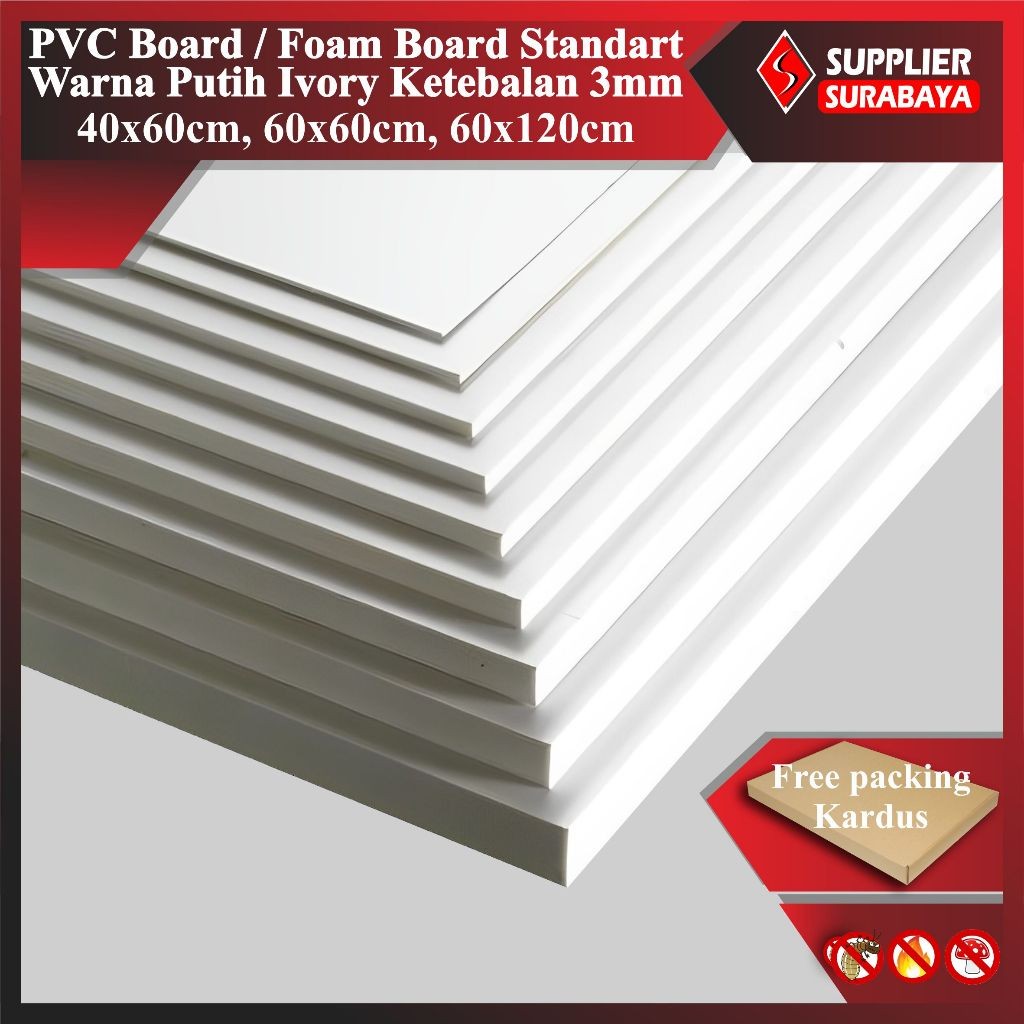 

PVC Board 3mm Standart Warna Putih Ivory (Putih Tulang) 40x60cm, 60x60cm, 60x120cm