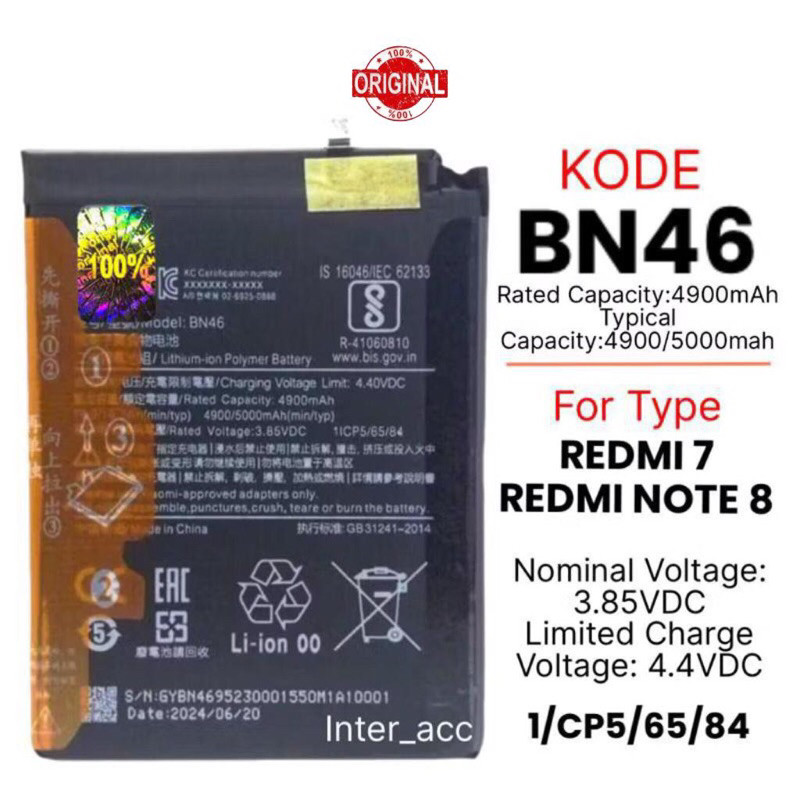 BATERAI ORIGINAL BN46 REDMI 7 REDMI NOTE 8 BN-46 BN 46 100% BATTERY BATRE BN 46 Ori