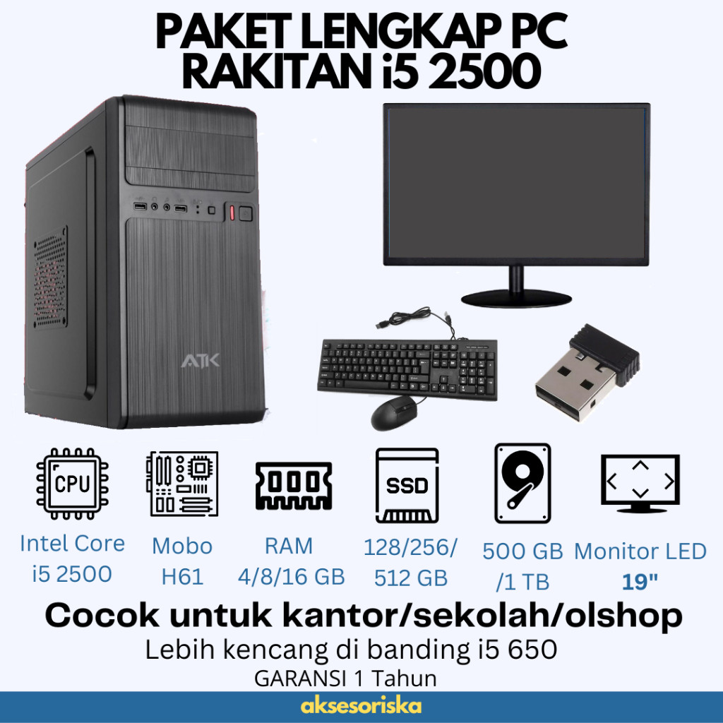 PAKET LENGKAP PC RAKITAN KOMPUTER KANTOR Intel Core i5 MONITOR LED 19" PC FULLSETCO