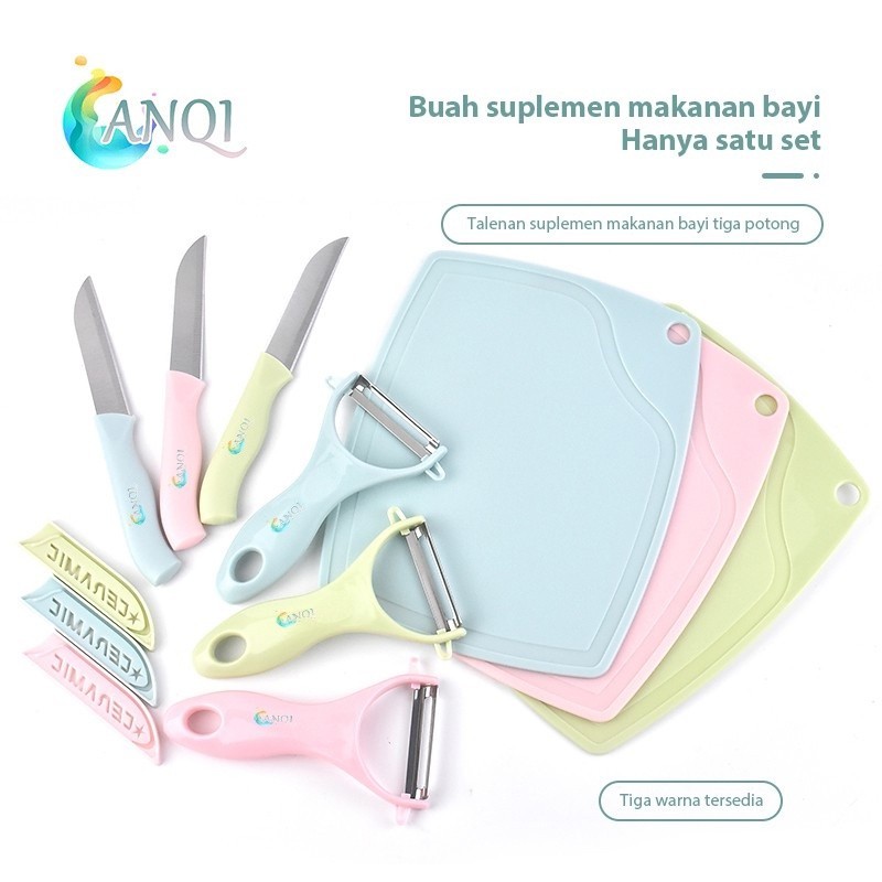 Pisau Set Dapur 3in1 Warna Pastel – Talenan Mini + Pisau Keramik + Peeler Serbaguna untuk Buah dan S
