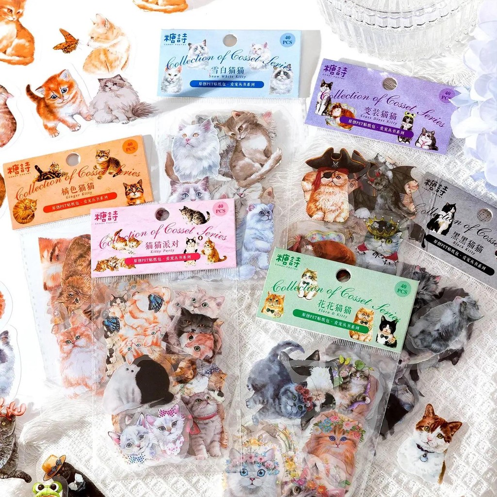 

Journamm 40pcs/pack Kawaii Cat Stickers Pack PET Materials Collage Photo Album DIY Scrapbooking Decor Diary Sticker Stationery