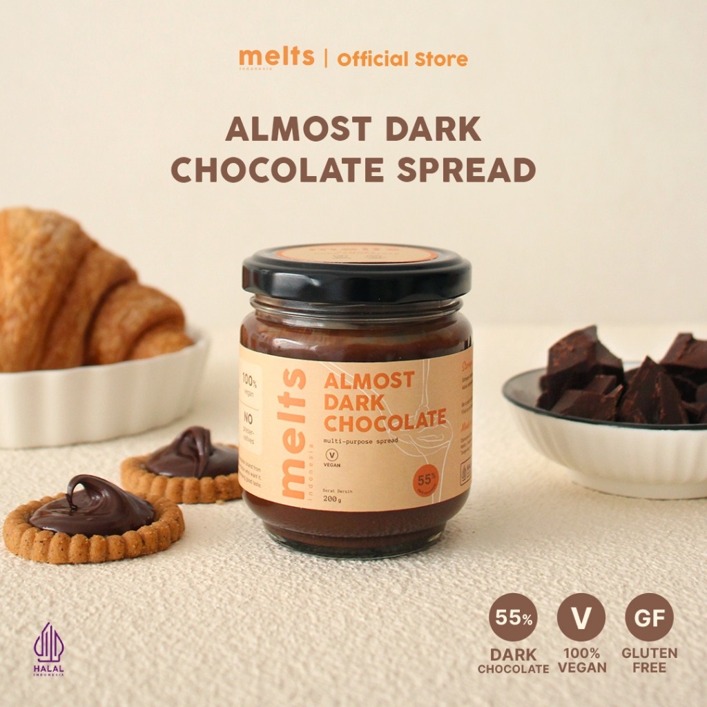 

Melts Almost Dark Chocolate Spread 55% | Selai Cokelat Plant Based Vegan untuk Roti