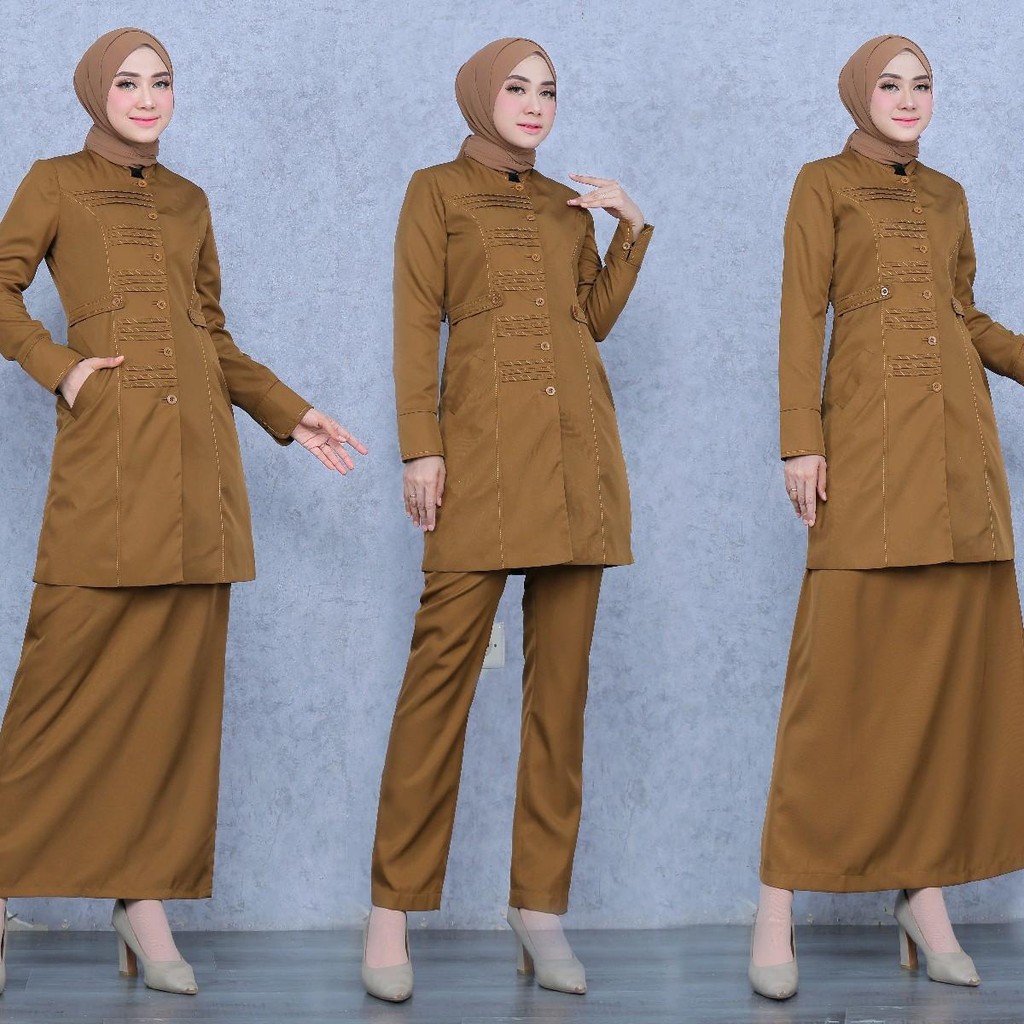 Seragam pemda tua tunik stik garis setelan rok A/celana panjang/rok span bahan katun FREE HIJAB Kera