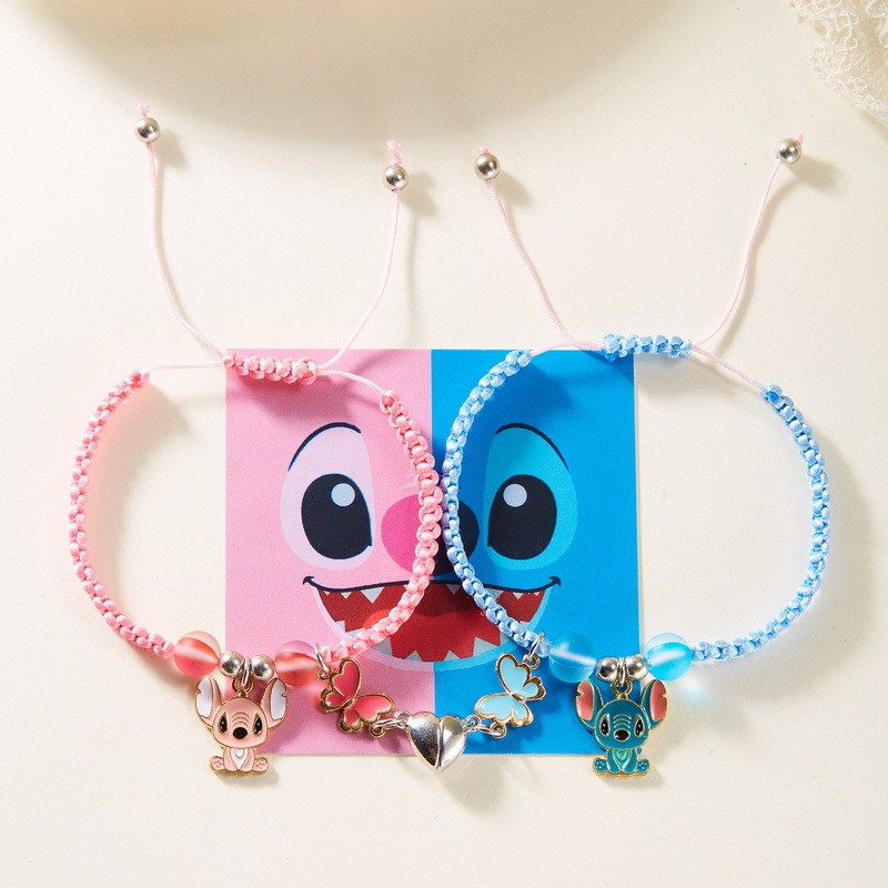 Gelang, Cinta Gelang Magnet Merah dan Tali Biru Kartun Stitch Woven Jewelry Stitch Couple Set