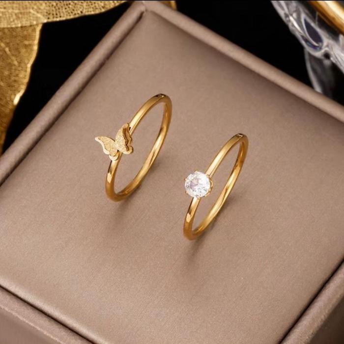 Cincin Wanita Titanium Anti karat Anti Luntur Model Kupu Kupu Permata Mewah Elegan Isi 2pcs - Akseso