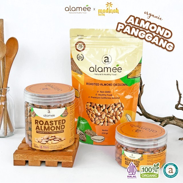 

ALAMEE Kacang Almond Almon Kupas Panggang Premium Roast Roasted Grade A California Oven Siap Makan madinah