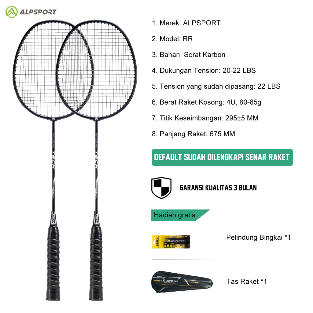 ALPSPORT RR【2Raket + Tas】4U G5 100% Serat Karbon Penuh Desain Asli 22-28Lbs T800 Raket Bulu Tangkis 