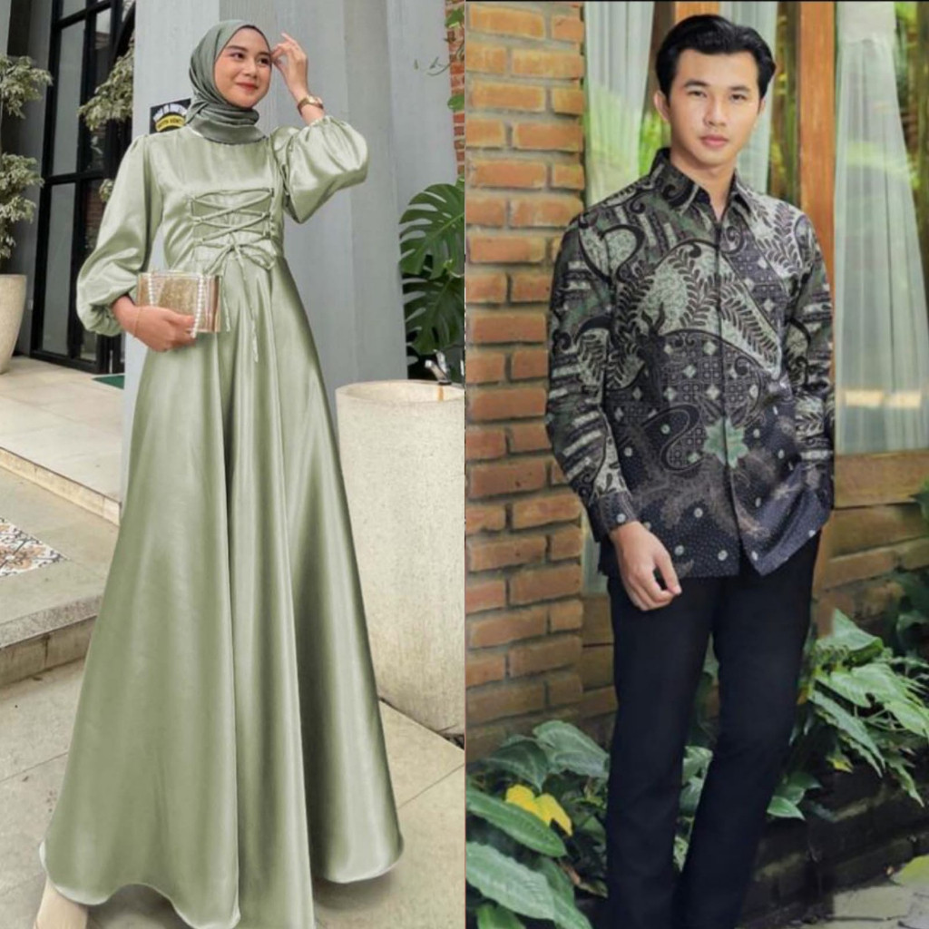 KALEYA Couple Dress Bridesmaid Satin Silk Baju Muslim Polos Lebaran Kemeja Tunangan Batik Pria