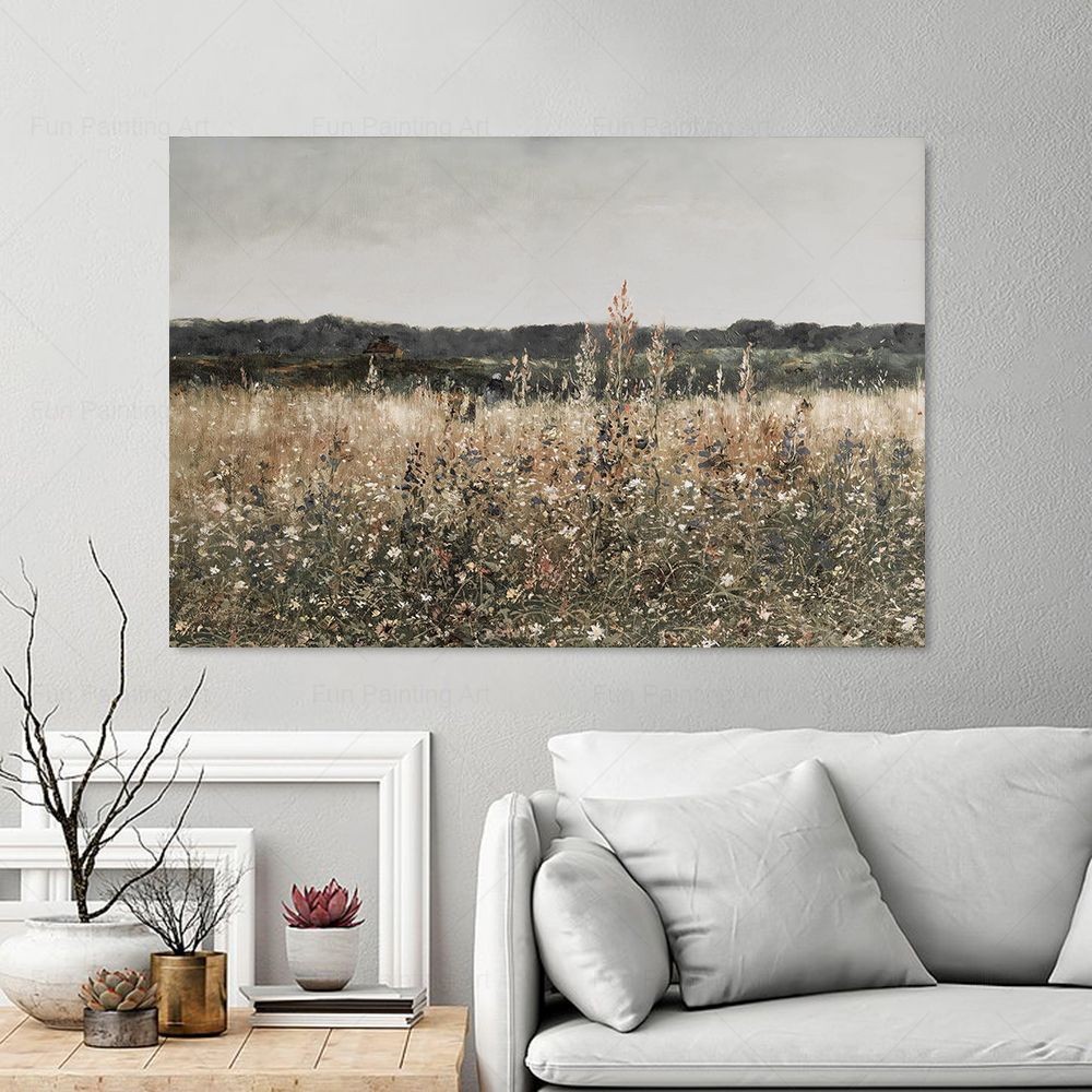 

Wildflower Field Vintage Painting Antique Landscape Canvas Poster Country Print Wall Art Pictures Farmhouse Living Room Decor