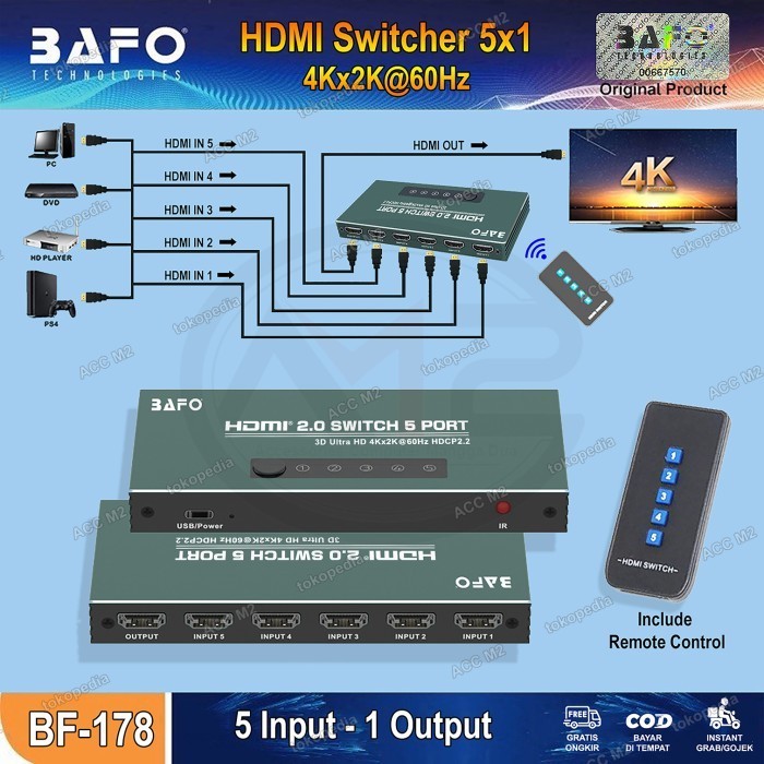 BAFO HDMI Switcher 5 IN 1 OUT 4K Switch HDMI 2.0 ORIGINAL BAFO BF-178