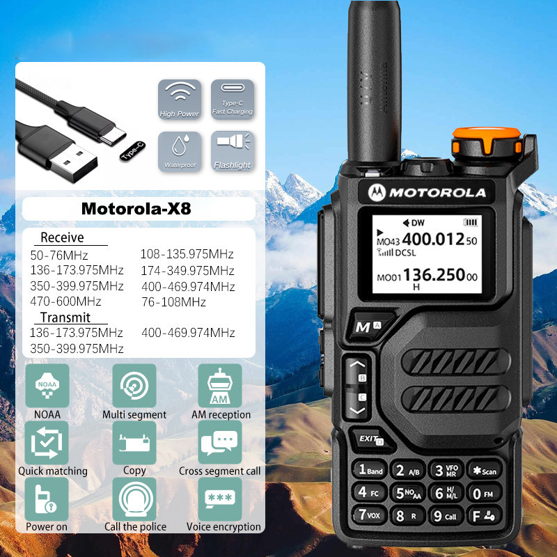 HT Motorola X8 Walkie Talkie 10Watt AM/FM 5500mAh Dual Band VHF/UHF One-Click Frequency Measurement 