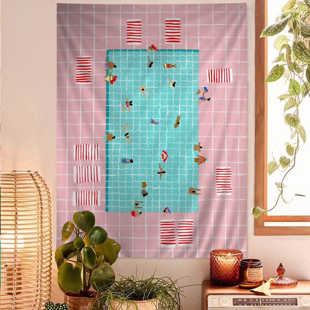 

Scandinavian Pink Coastal Poster Summer Pool Party Beach Swimming Anime Tapestry Hanging Tarot Hippie Wall Rugs Wall Hanging