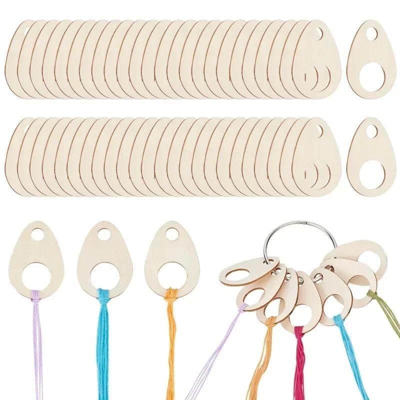 

100pcs Teardrop Wood Thread Drops 1.9x1.3inch Wood Cross Stitch Thread Organization with Floss Ring for Craft DIY Sewing Storage