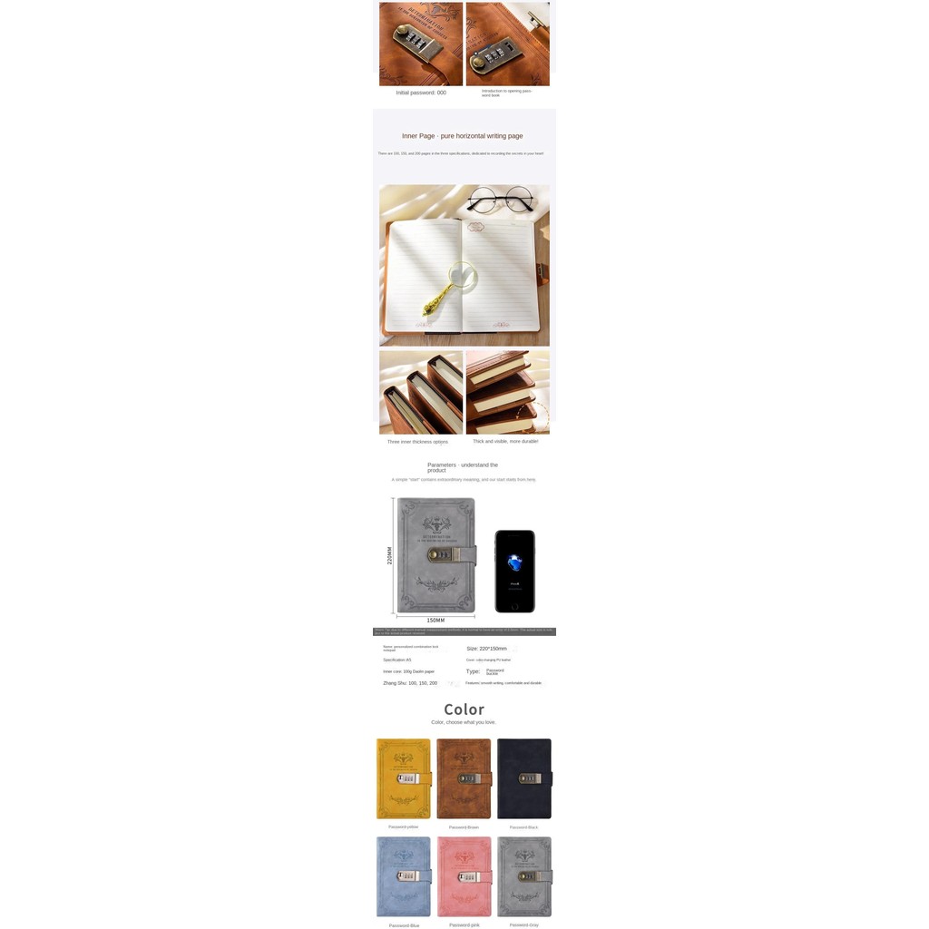 

A5 200 Pages Retro Password Book with Lock Diary Thickened Creative Hand Ledger Student Notepad Stationery Notebook Binder