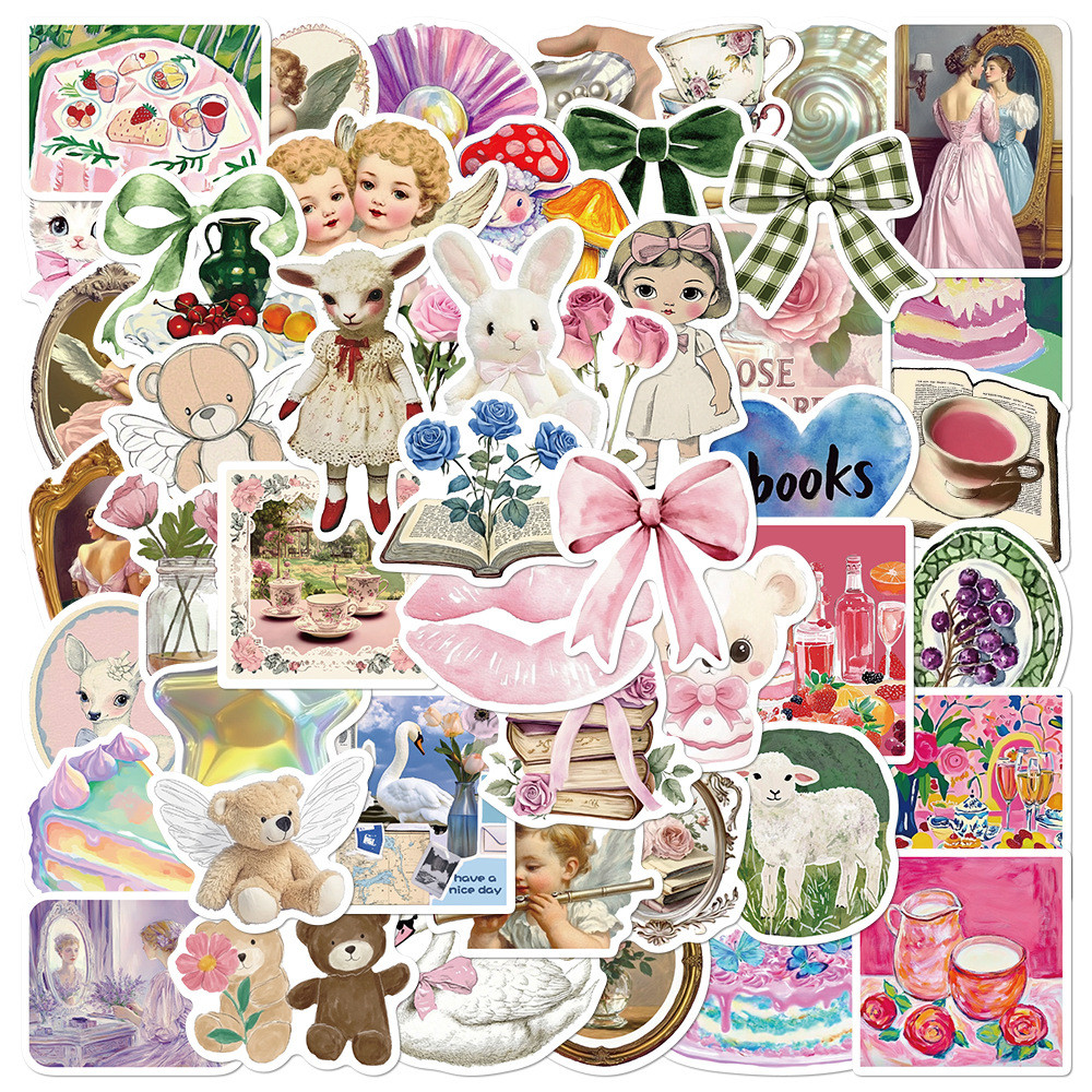 

50Pcs Cute Story Pink Stickers Vintage Pink DIY Stickers Scrapbooking Phone Luggage Skateboard Waterproof Decals