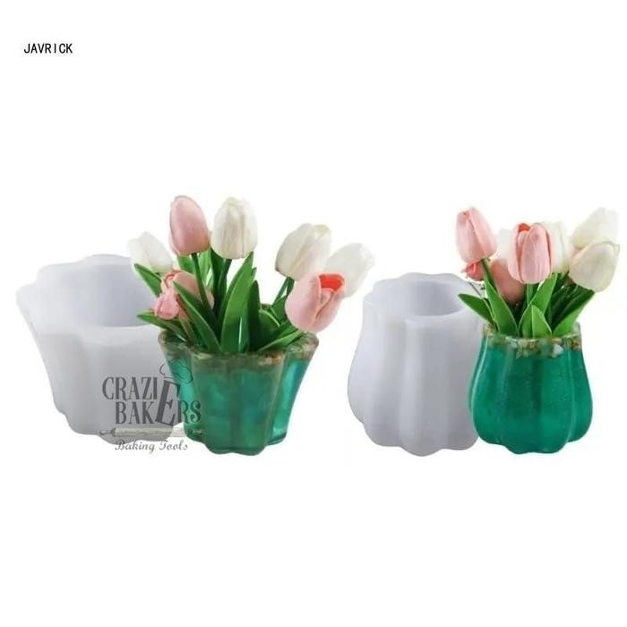 Cetakan Silikon Resin Vas Bunga Lace Wave Flower Pot Pen Holder  Besar