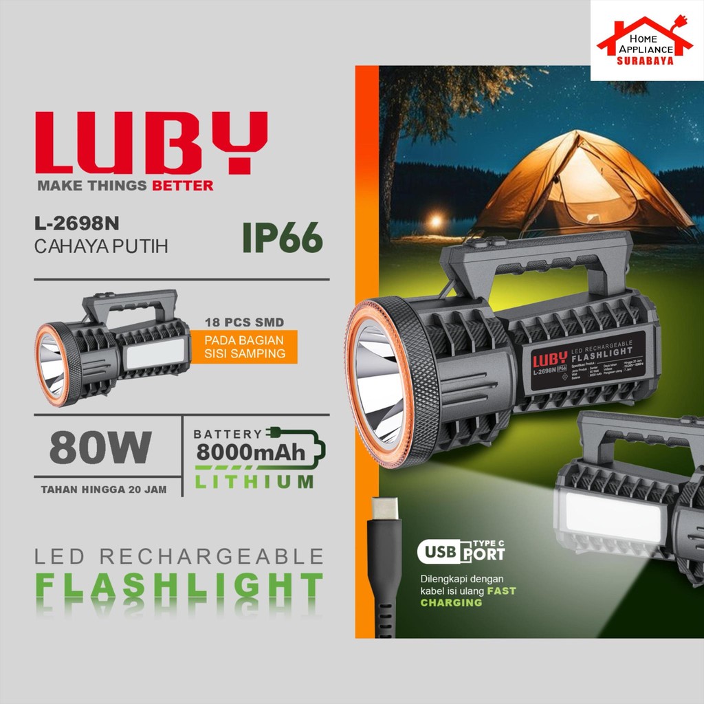 LUBY Senter Tangan Besar 80W - 80 Watt + Emergency 18 Pcs SMD LED IP66 8000mAh Cahaya Putih L-2698N 