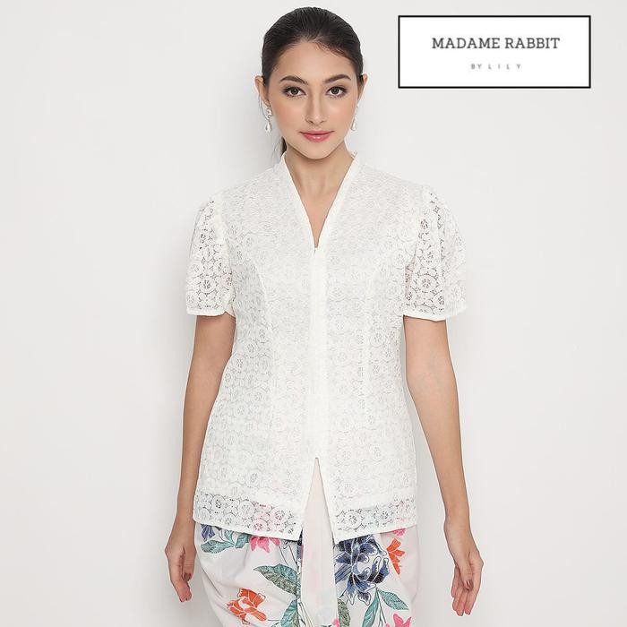 Kebaya Blouse Putih Madame Rabbit Puff Brokat Halus Furing Cantik  Wanita  Baju Dress Atasan - XL