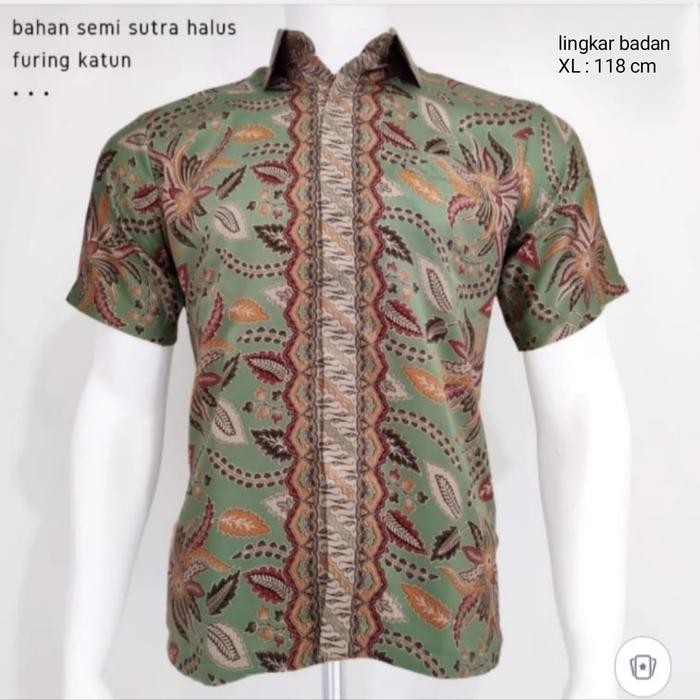 kemeja batik pria lengan pendek semi sutra halus furing katun 15 - Hijau, XL