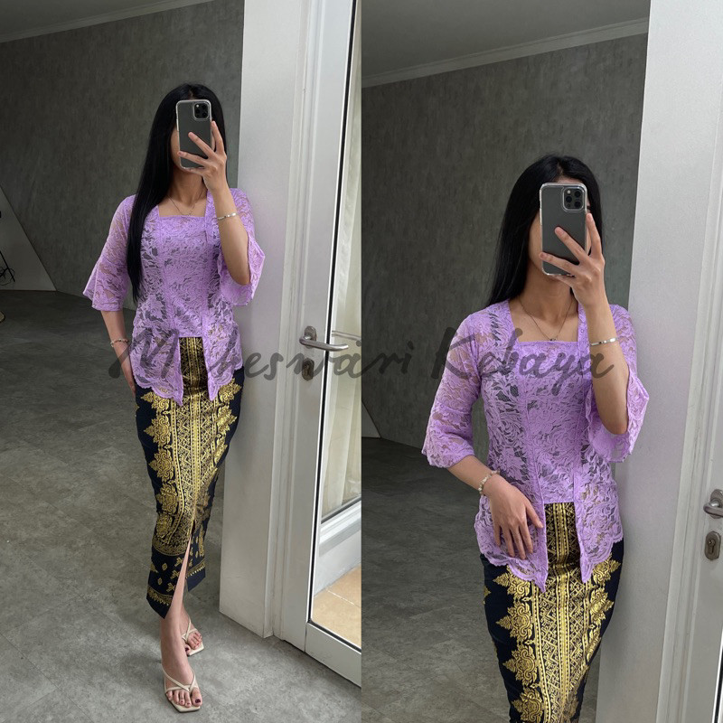 Kebaya Bali Set Brukat Lonceng Ungu Lilac Ukuran S-XL