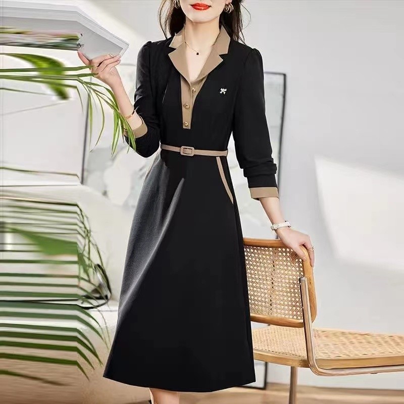 NANA Kerja Dress Korea Wanita/ Midi Dress Black Casual Wanita Lengan Panjang